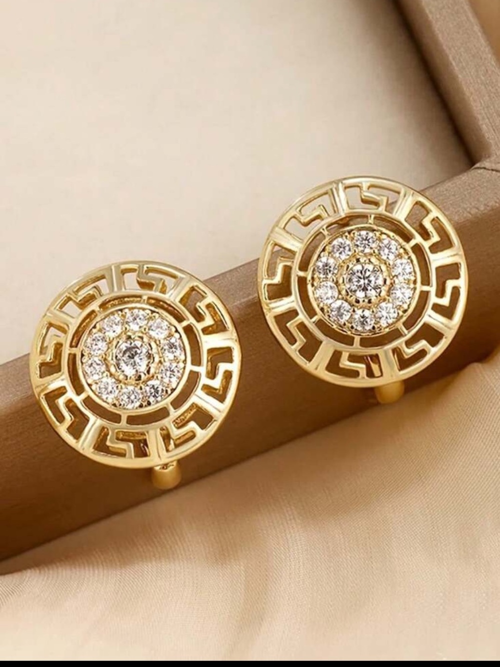 Gold Round Filigree CZ Stud Earrings - Women Jewelry